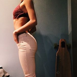 white skinny jeans with tan pinstripes